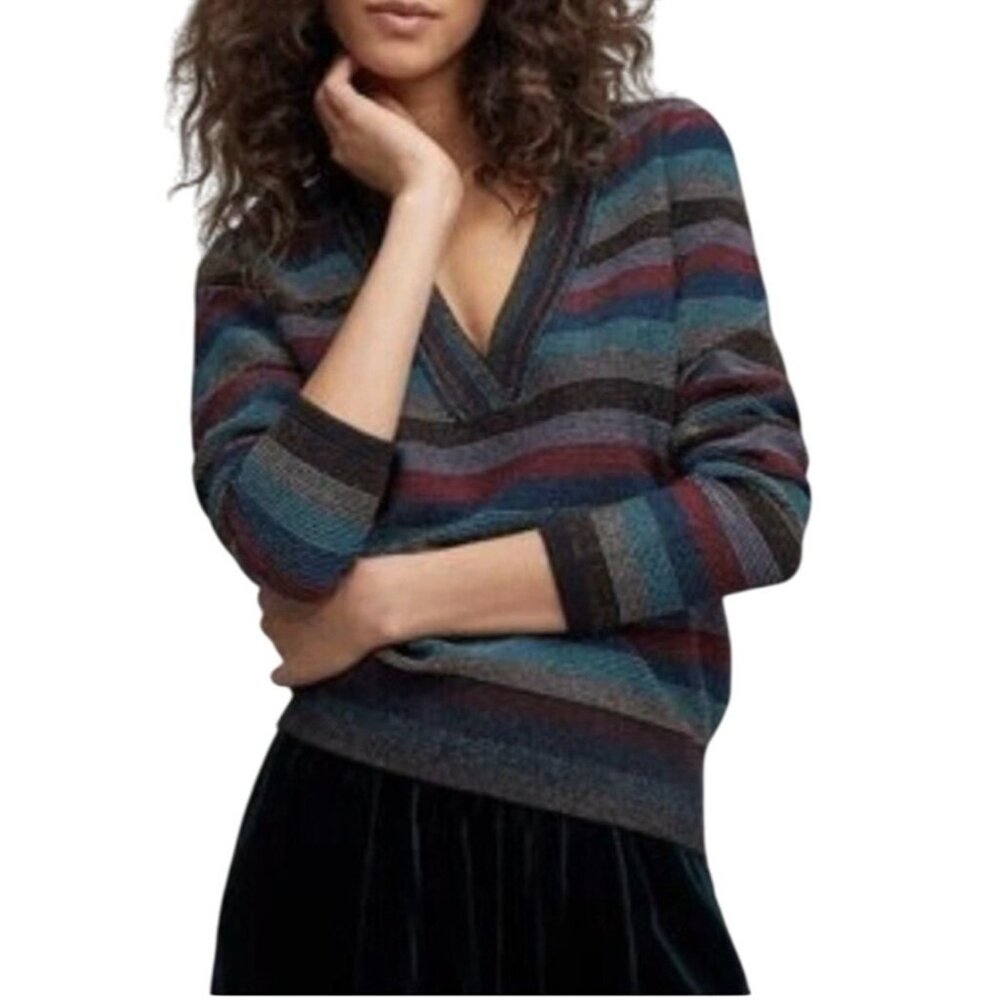 Moth Anthropologie XL Mulah Lurex Stripe Colorful V Neck Sweater Tinfoil